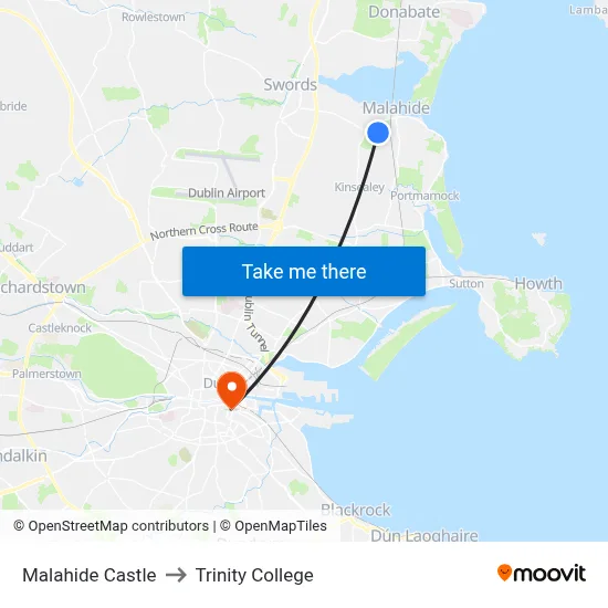 Malahide Castle to Trinity College map