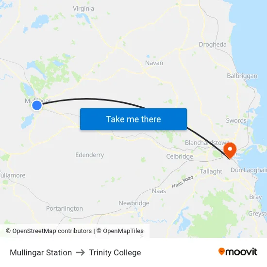Mullingar Station to Trinity College map