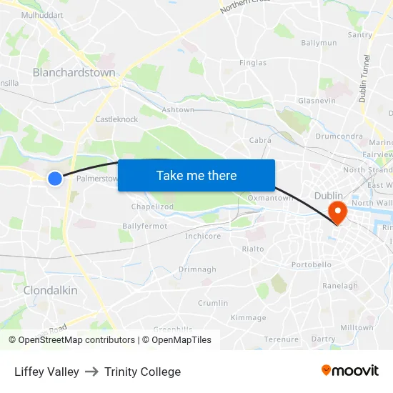 Liffey Valley to Trinity College map