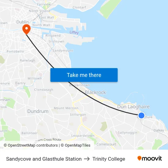 Sandycove and Glasthule Station to Trinity College map