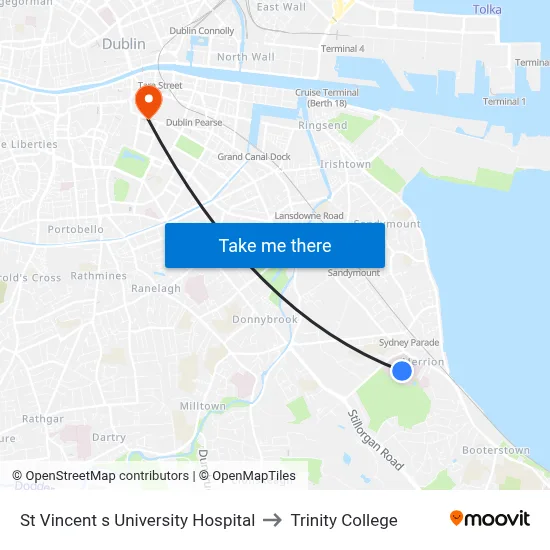 St Vincent s University Hospital to Trinity College map