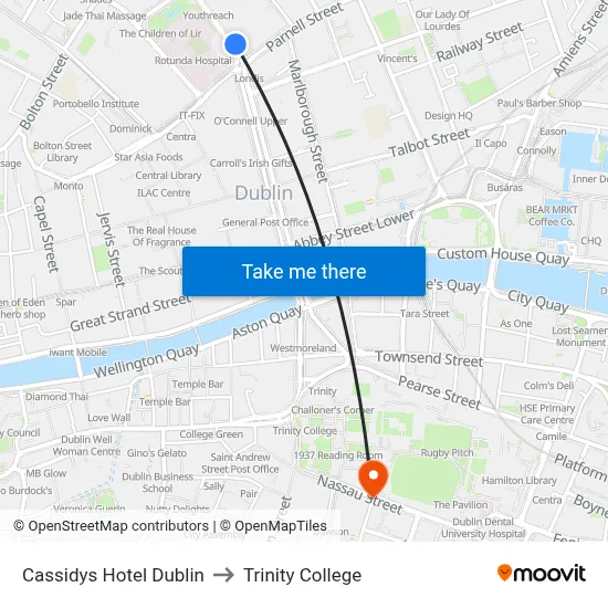 Cassidys Hotel Dublin to Trinity College map