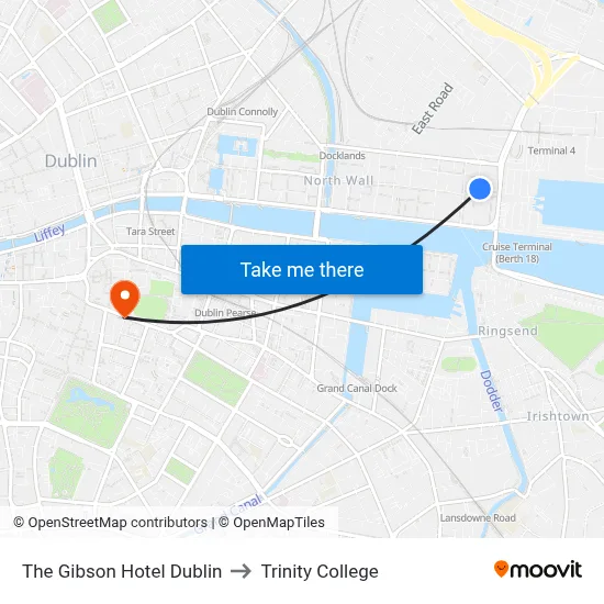 The Gibson Hotel Dublin to Trinity College map