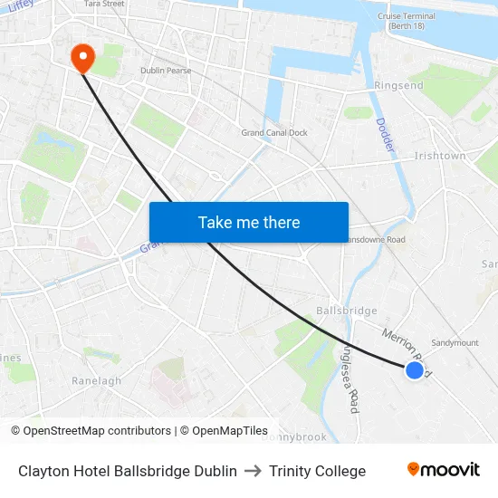 Clayton Hotel Ballsbridge Dublin to Trinity College map
