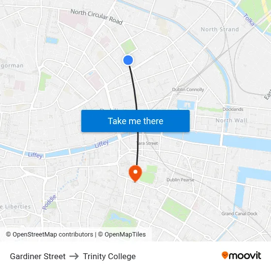 Gardiner Street to Trinity College map