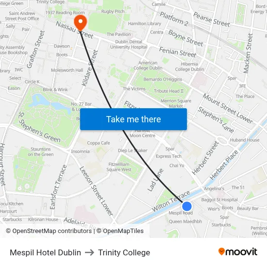 Mespil Hotel Dublin to Trinity College map