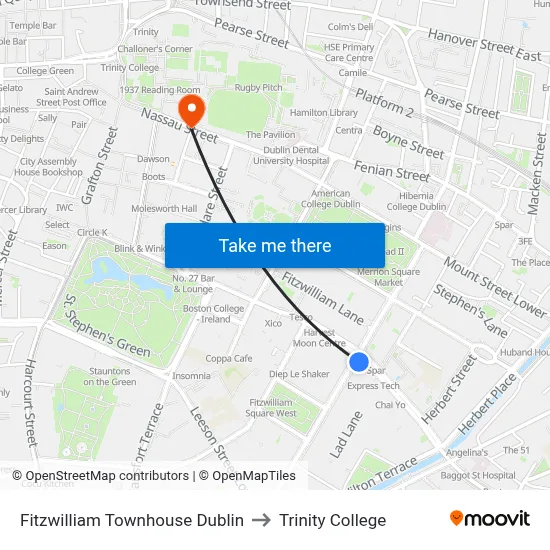 Fitzwilliam Townhouse Dublin to Trinity College map