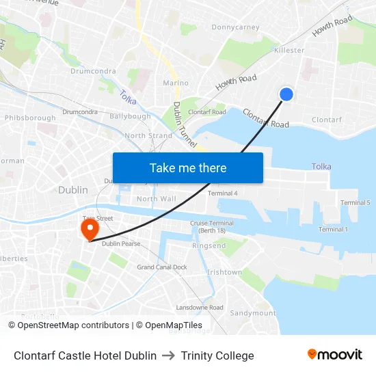 Clontarf Castle Hotel Dublin to Trinity College map