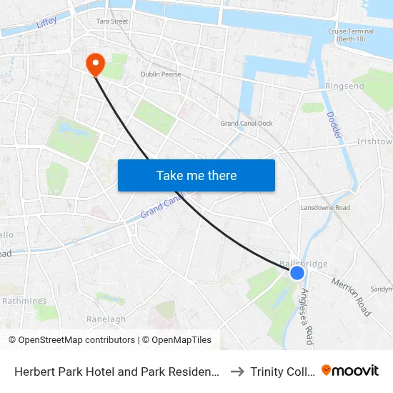 Herbert Park Hotel and Park Residence Dublin to Trinity College map