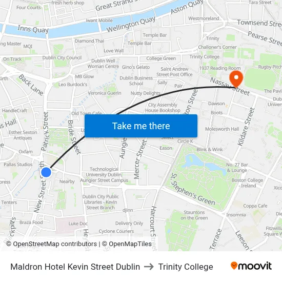 Maldron Hotel Kevin Street Dublin to Trinity College map