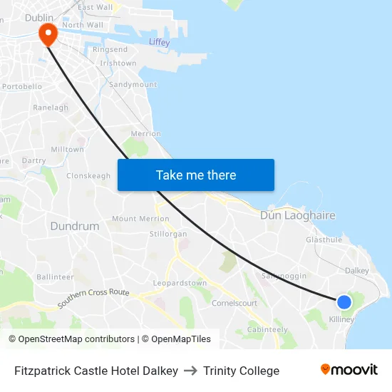 Fitzpatrick Castle Hotel Dalkey to Trinity College map