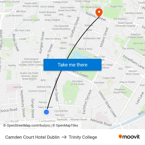 Camden Court Hotel Dublin to Trinity College map