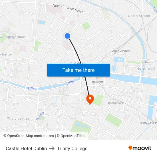Castle Hotel Dublin to Trinity College map