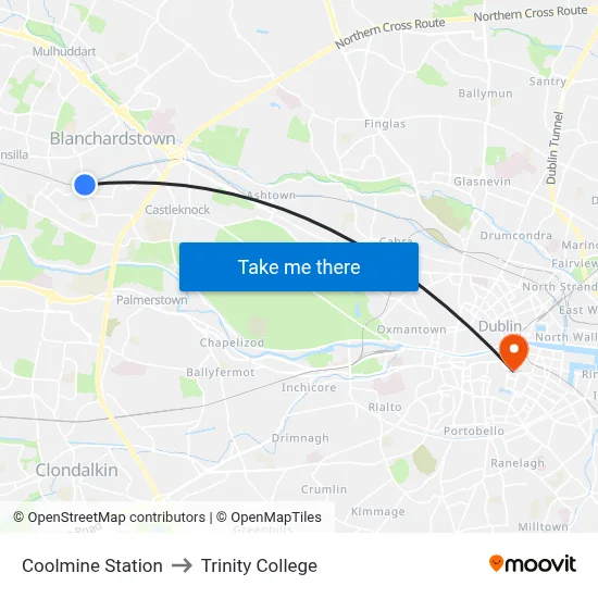 Coolmine Station to Trinity College map
