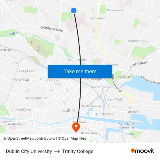 Dublin City University to Trinity College map