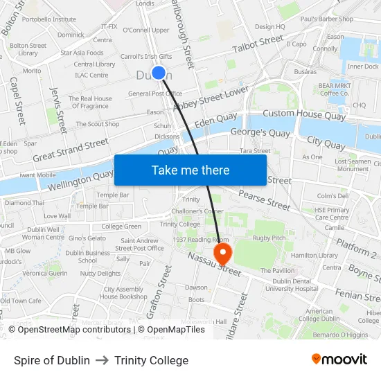 Spire of Dublin to Trinity College map
