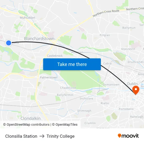 Clonsilla Station to Trinity College map