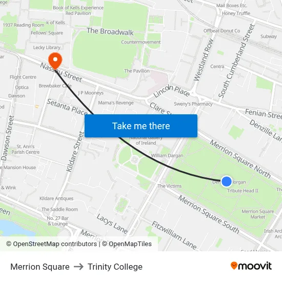 Merrion Square to Trinity College map