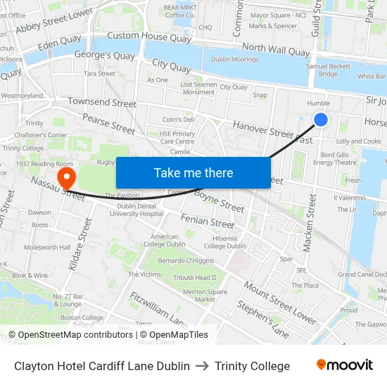 Clayton Hotel Cardiff Lane Dublin to Trinity College map
