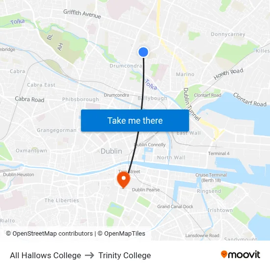 All Hallows College to Trinity College map