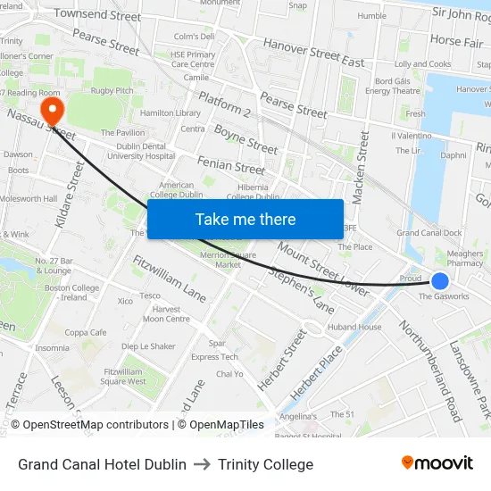 Grand Canal Hotel Dublin to Trinity College map