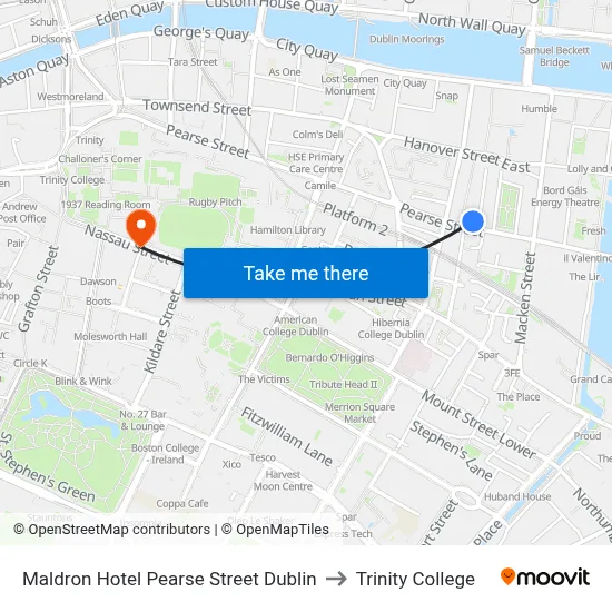 Maldron Hotel Pearse Street Dublin to Trinity College map