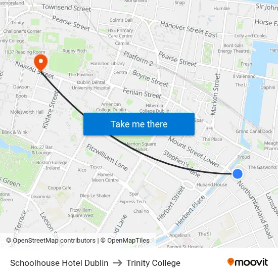Schoolhouse Hotel Dublin to Trinity College map