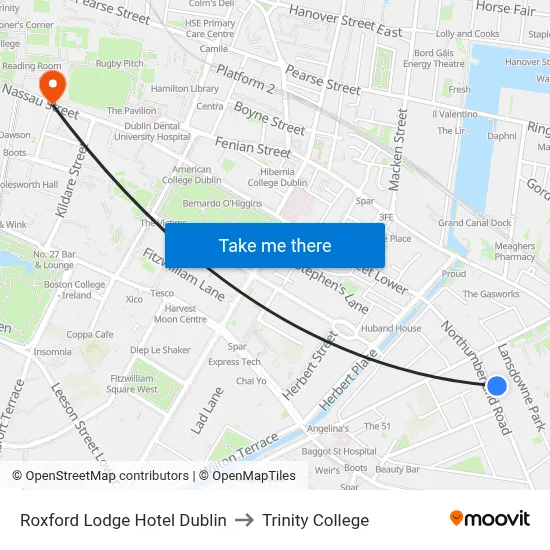 Roxford Lodge Hotel Dublin to Trinity College map