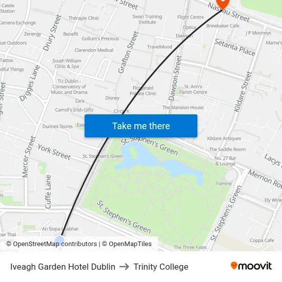 Iveagh Garden Hotel Dublin to Trinity College map