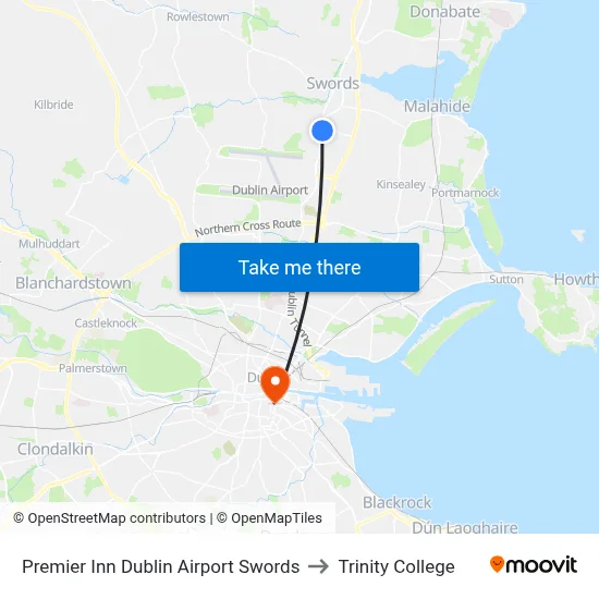 Premier Inn Dublin Airport Swords to Trinity College map