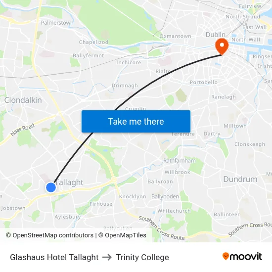 Glashaus Hotel Tallaght to Trinity College map