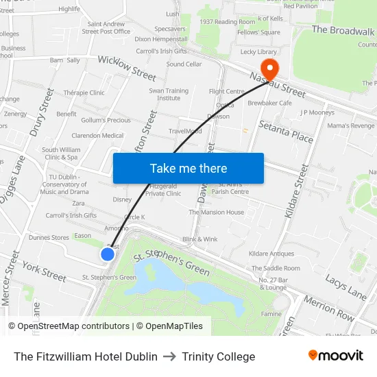 The Fitzwilliam Hotel Dublin to Trinity College map
