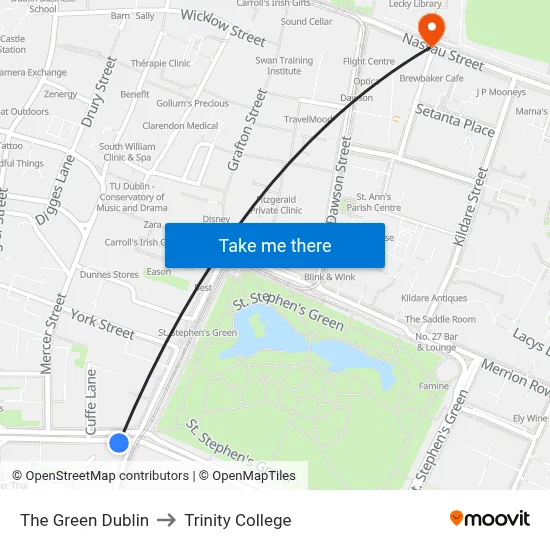 The Green Dublin to Trinity College map