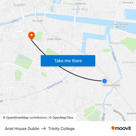 Ariel House Dublin to Trinity College map