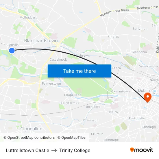 Luttrellstown Castle to Trinity College map