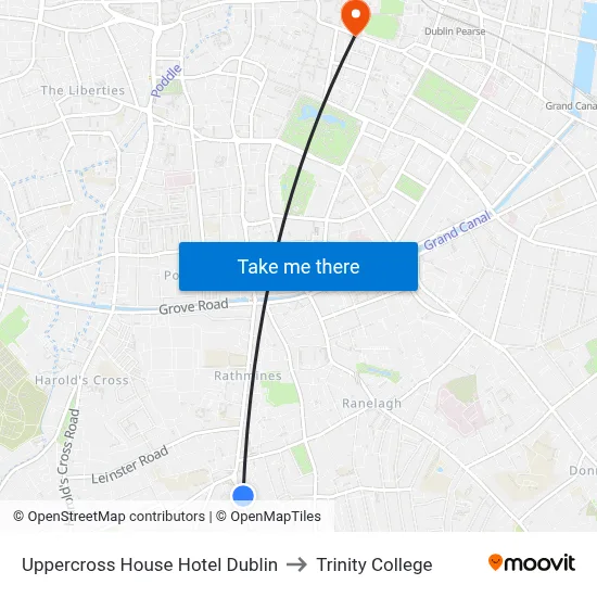 Uppercross House Hotel Dublin to Trinity College map