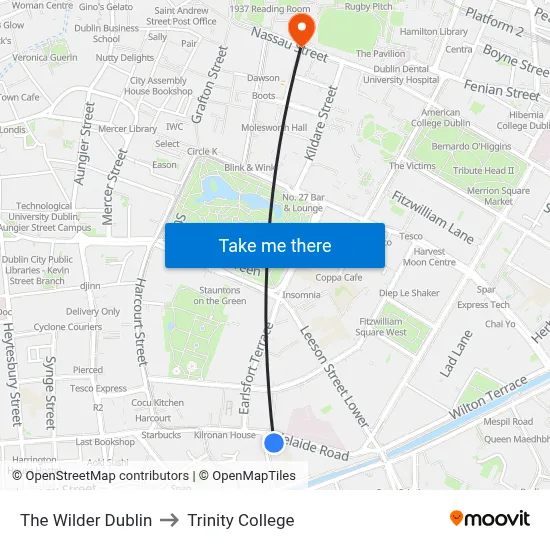 The Wilder Dublin to Trinity College map