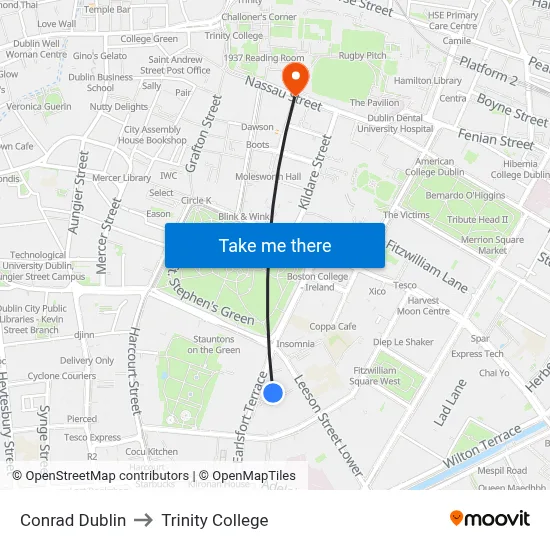 Conrad Dublin to Trinity College map