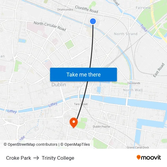 Croke Park to Trinity College map