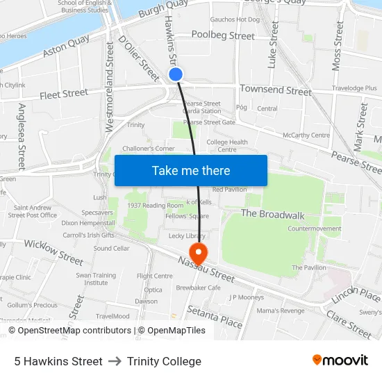 5 Hawkins Street to Trinity College map