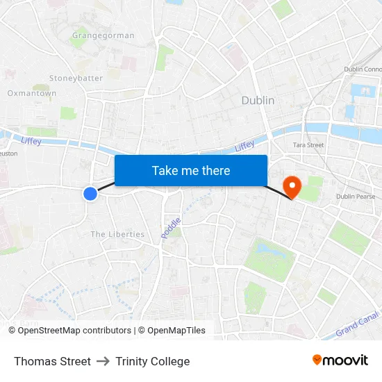 Thomas Street to Trinity College map