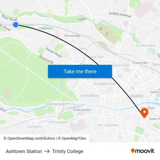 Ashtown Station to Trinity College map