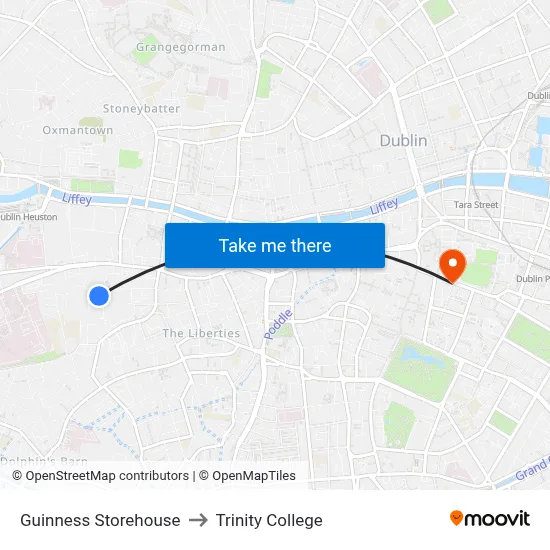 Guinness Storehouse to Trinity College map