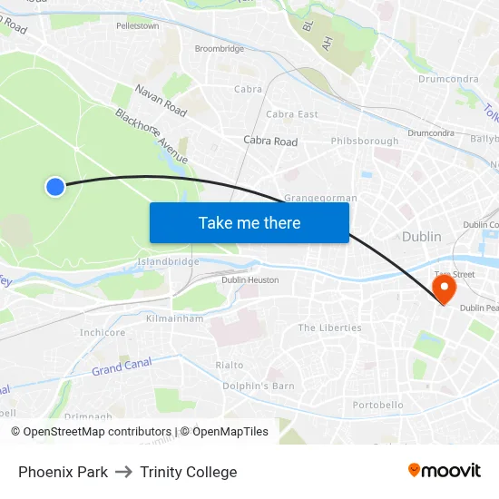Phoenix Park to Trinity College map