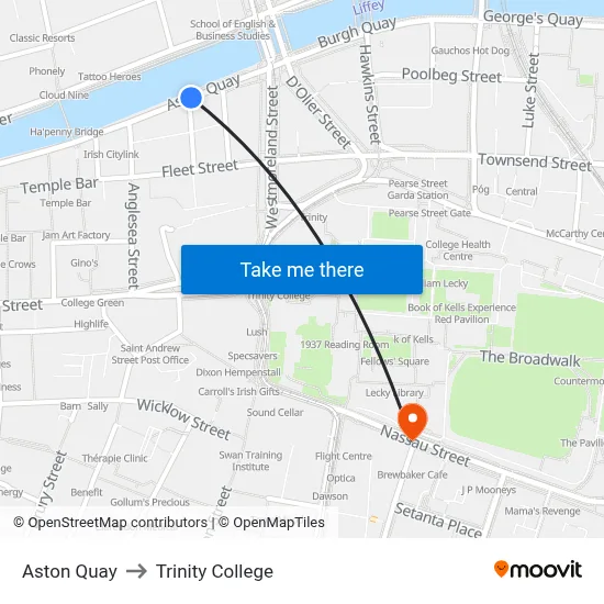 Aston Quay to Trinity College map