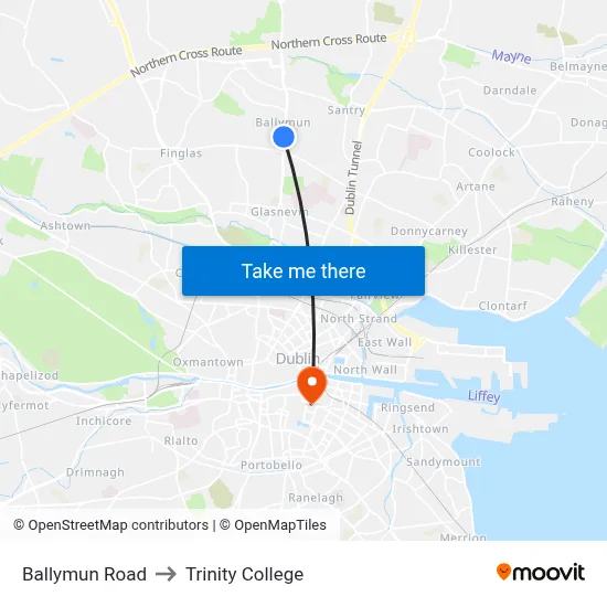 Ballymun Road to Trinity College map