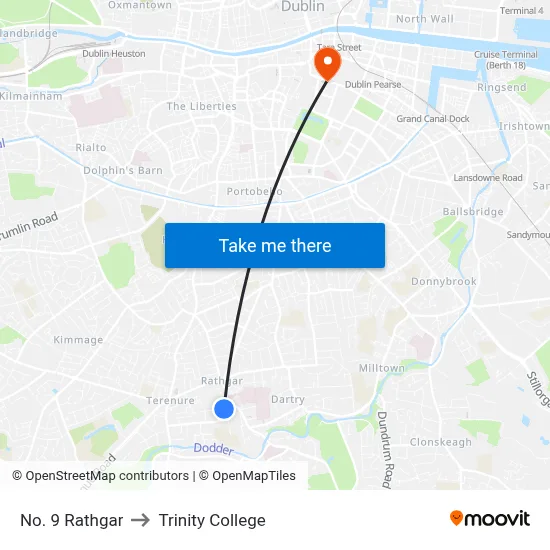 No. 9 Rathgar to Trinity College map