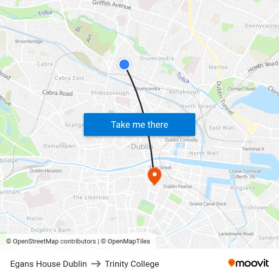 Egans House Dublin to Trinity College map