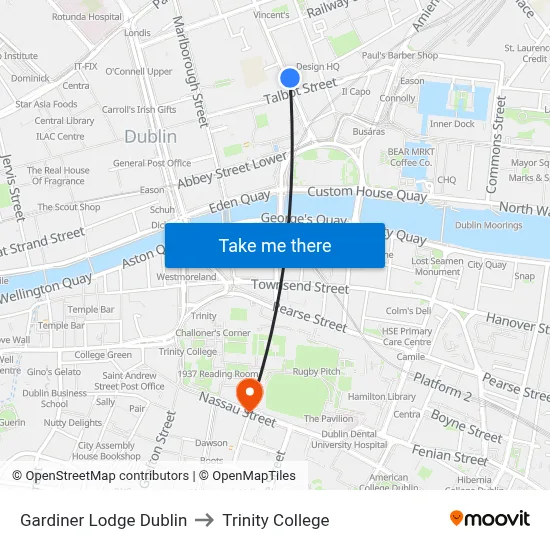 Gardiner Lodge Dublin to Trinity College map