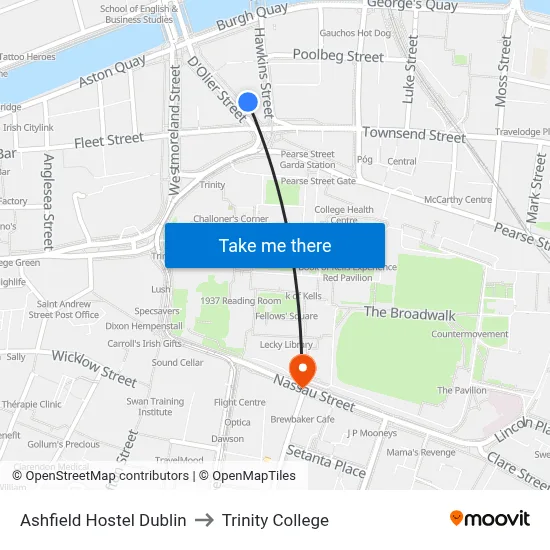Ashfield Hostel Dublin to Trinity College map